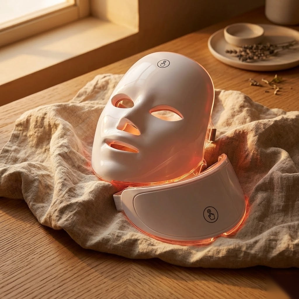Velora Lumina Mask resting on linen, evening light